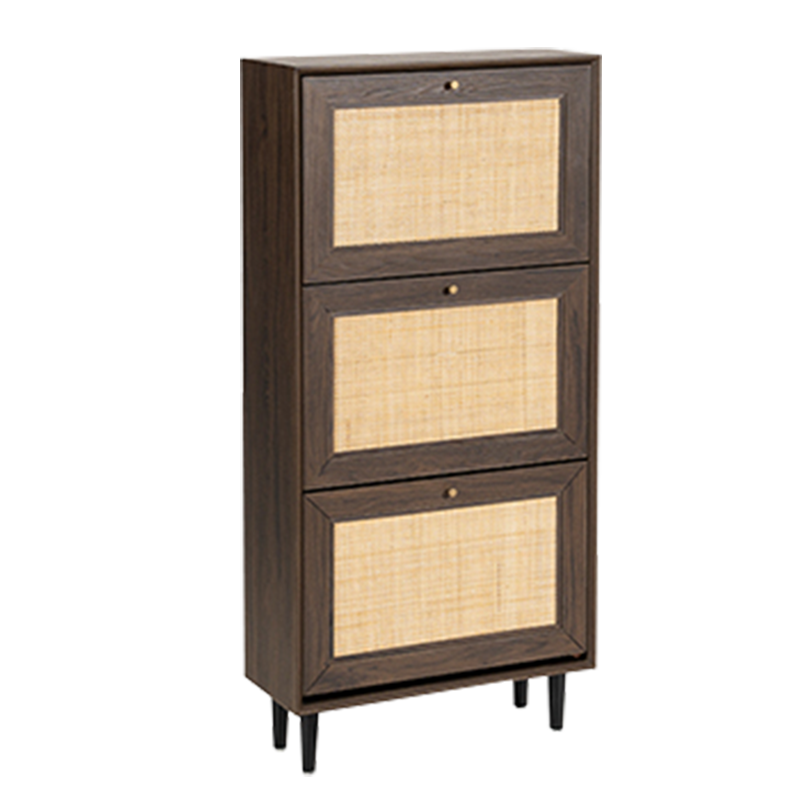 Walnut Color Three-Door Rattan Wood Shoe Cabinet (Y-C39)